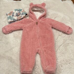 Cold Set: Carter's Pink Fleece Footie with Bear Ears & North Face Hat